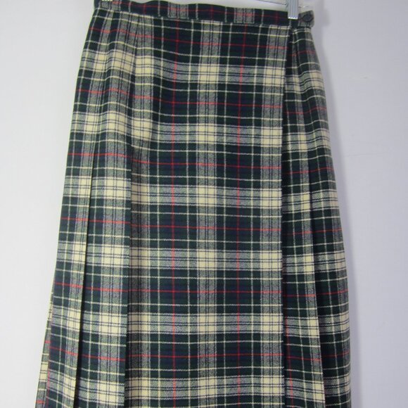 Vtg Pendleton Women XS Green Ivory Red Tartan Plaid Wool Kilt 26" Waist Skirt - Picture 7 of 10